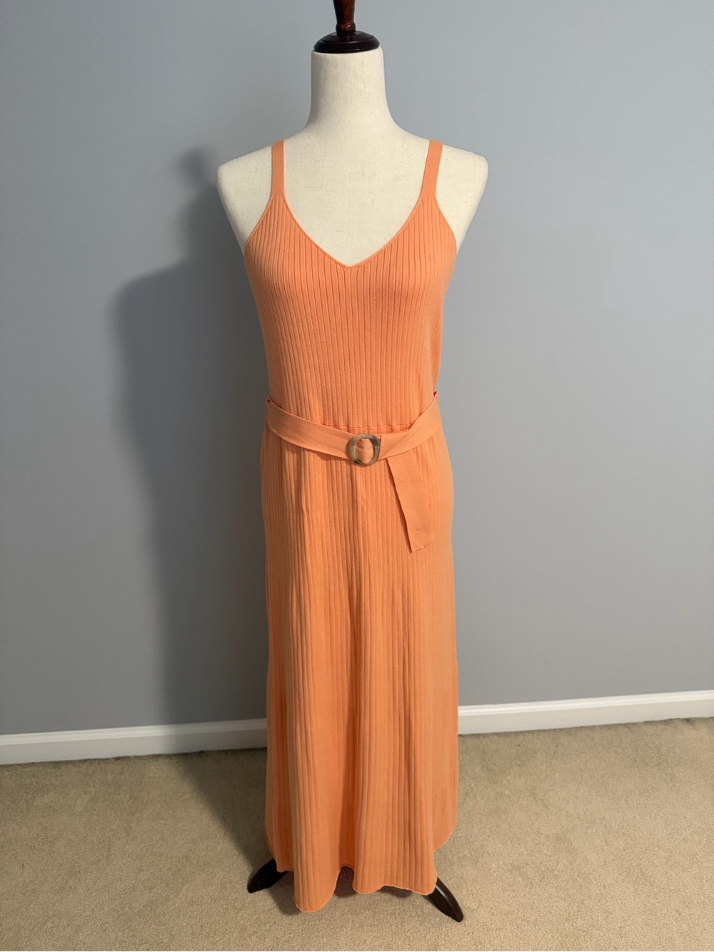 Fashion Union Peach Ribbed Midi Dress W/ Belt